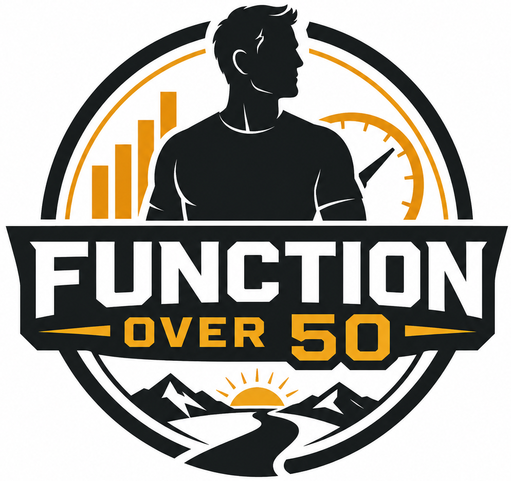 Function Over 50 logo with a bold black, white, and orange circular emblem featuring a male silhouette, data bars, performance gauge, mountains, sunrise, and the words “Function Over 50.”