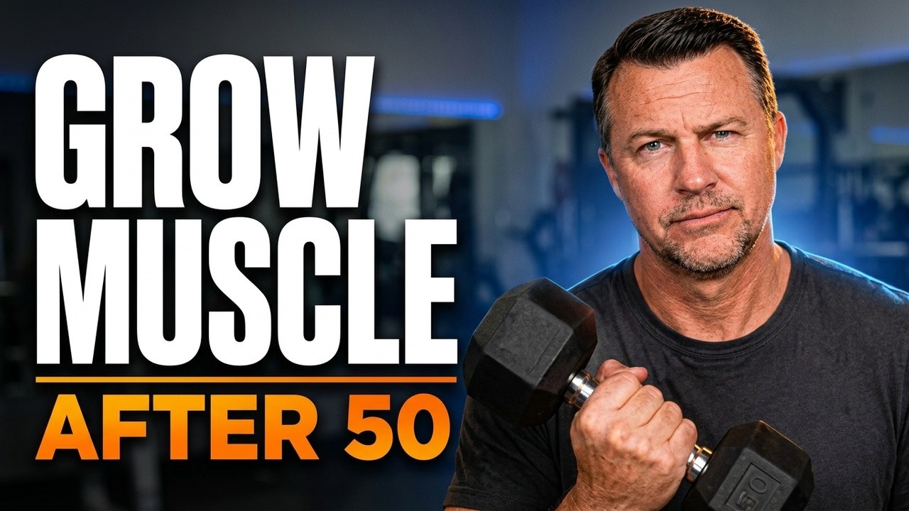Joe curls a dumbbell beside the words “Grow Muscle After 50”