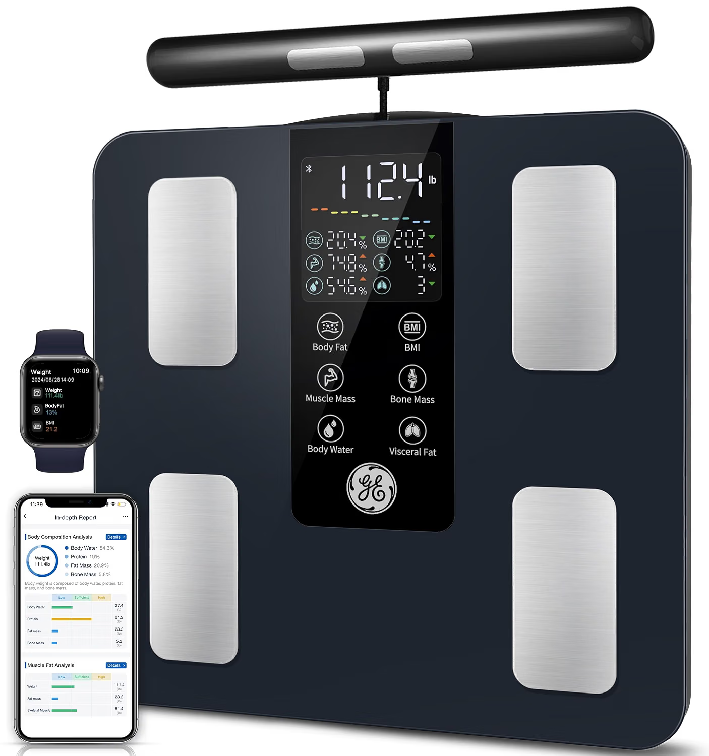GE Smart Scale with full body composition display, hand bar, smartwatch, and mobile app