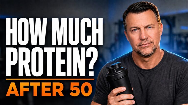 Joe holding a protein shaker beside the words ‘How Much Protein? After 50’
