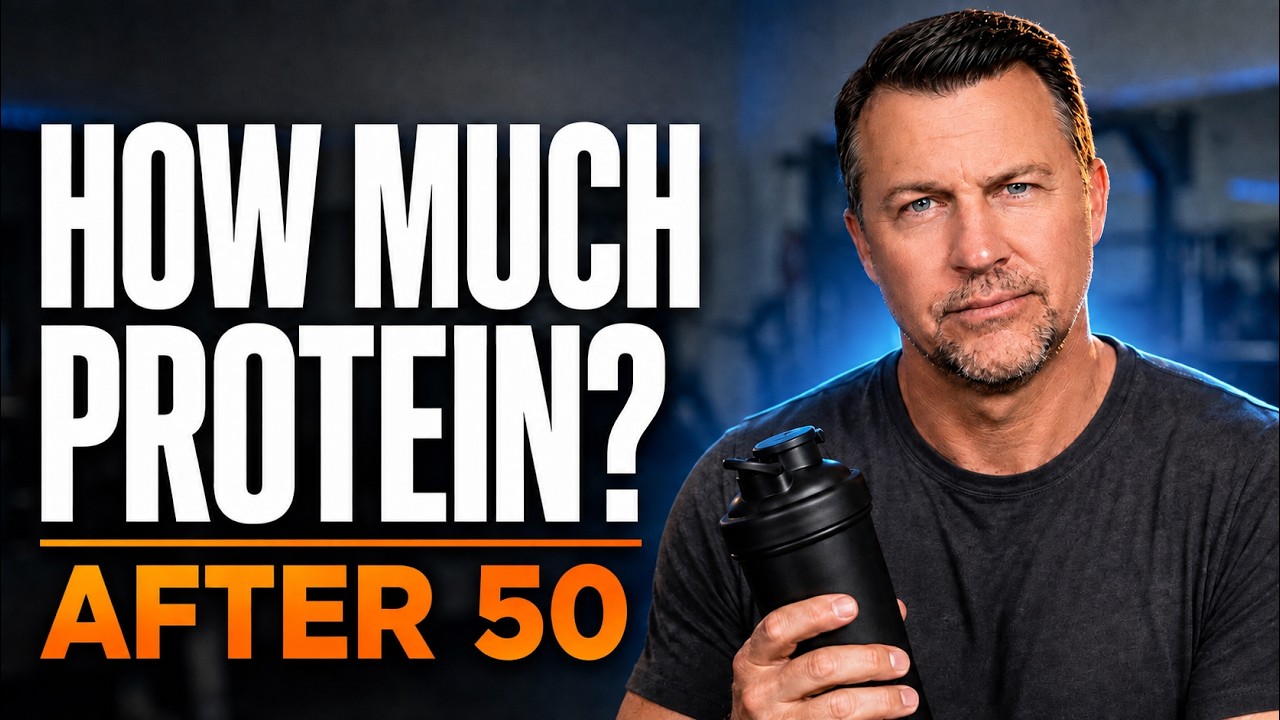 Joe holding a protein shaker beside the words ‘How Much Protein? After 50’