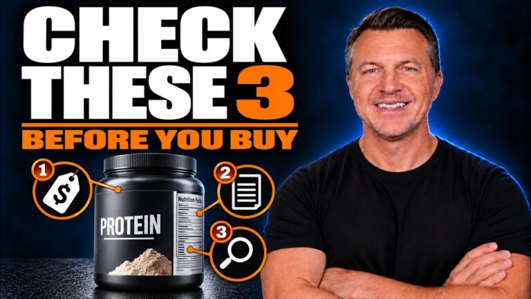 Joe beside a protein powder tub and three buying-check icons, with the words “Check These 3 Before You Buy.”